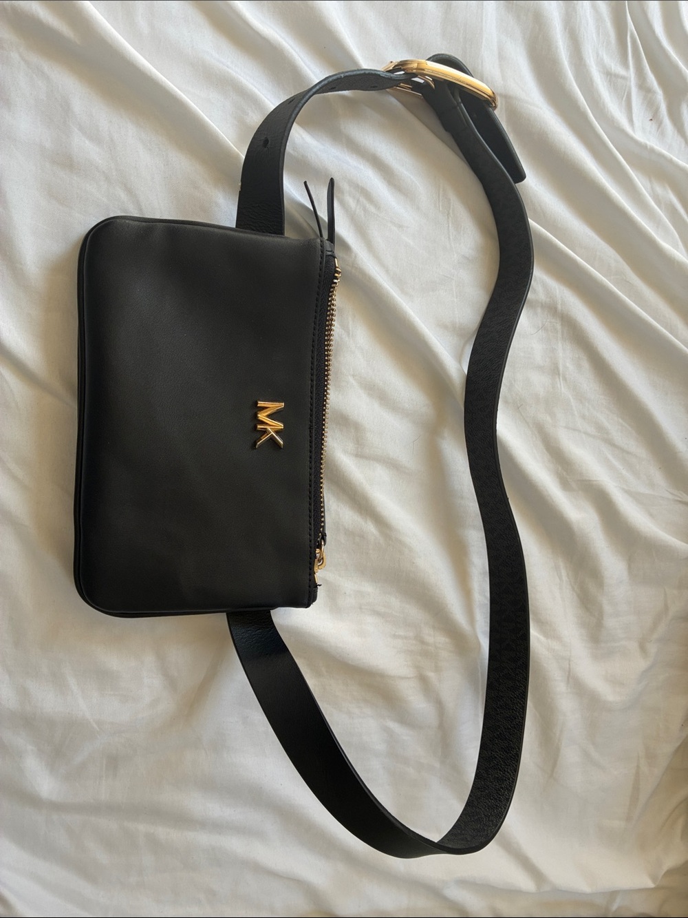 Michael Kors Black Leather Belt Bag with Gold MK Hardware